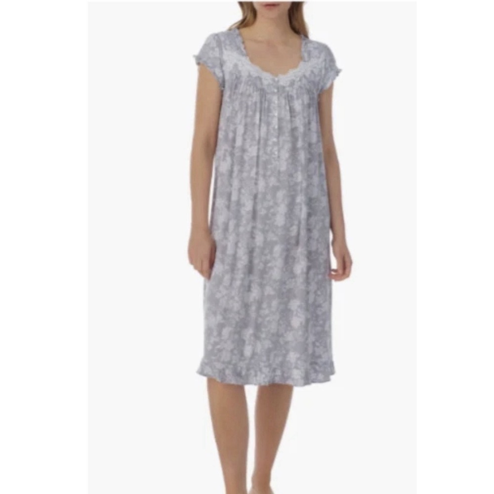 Eileen West GRAY/WHITE FLORAL Waltz SILKY MODAL Knit Nightgown 1X LACE TRIM